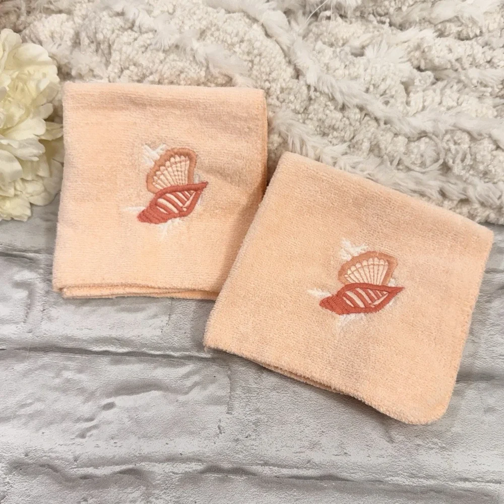 Vtg RA Briggs Seashell Embroidered Peach Bath Towel 4pc Set Beach House Seashore